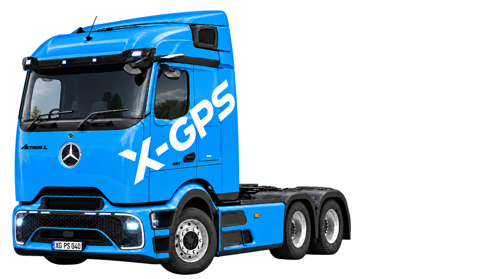 Kék Mercedes kamion fehér X-GPS márkajelzéssel – illusztráció